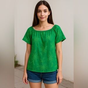Terzo Millennio Green Size Large Made In Italy Cap Sleeve Embroidered Top Flowy